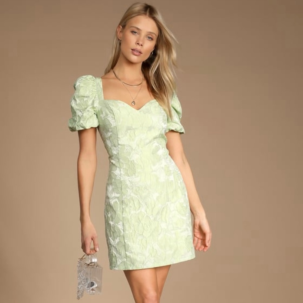 Jacquard Puff Sleeve Light Green Floral Dress